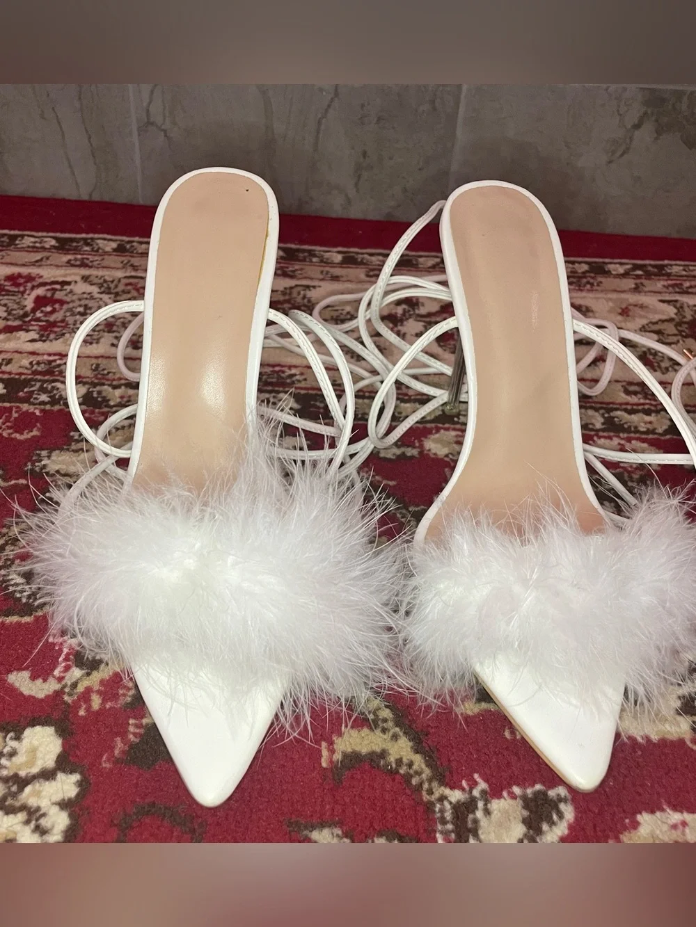 Amazon White Feather-Trim Lace-Up Pointed Toe Heels